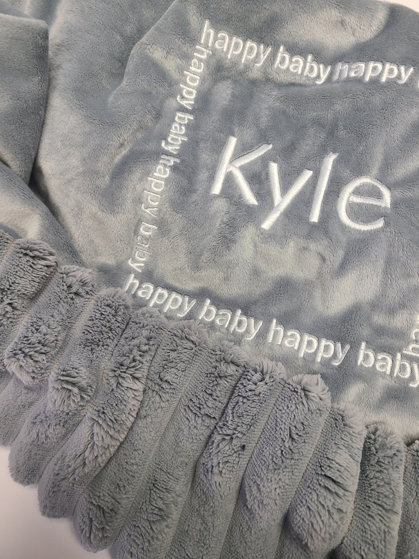 Personalized Happy Baby Blanket Silver Grey with Corded Back