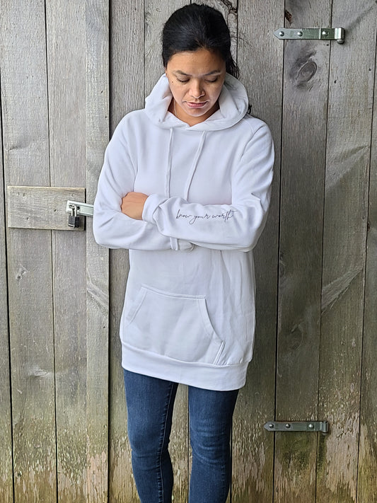 Know your worth Long Hooded Pullover white