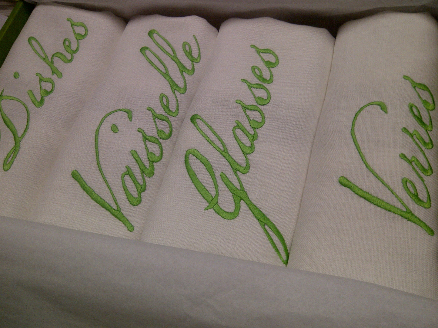 White Linen Tea Towel Set of 4 with Lime Green Embroidery