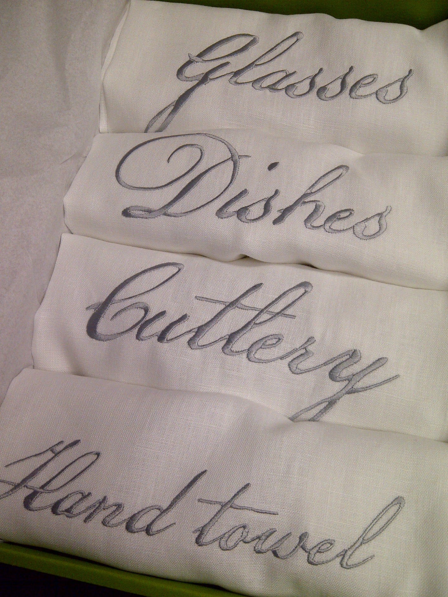 White Linen Tea Towel Set of 4 with Silver Grey Embroidery