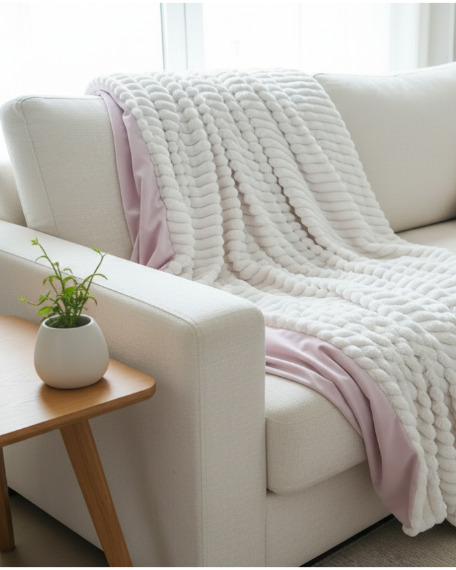 Blush Pink Velvet with Cream Corded Chenille Throw