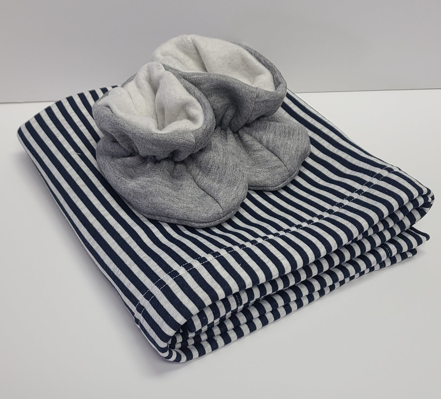 Booties + Blanket Set : Grey, Navy Stripe
