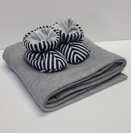 Booties + Blanket Set : Navy Stripe, Grey