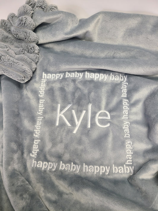 Personalized Happy Baby Blanket Silver Grey with Corded Back