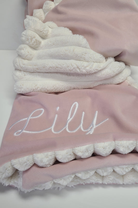 Personalized Blush Pink Velvet Baby Blanket with Corded Chenille Back