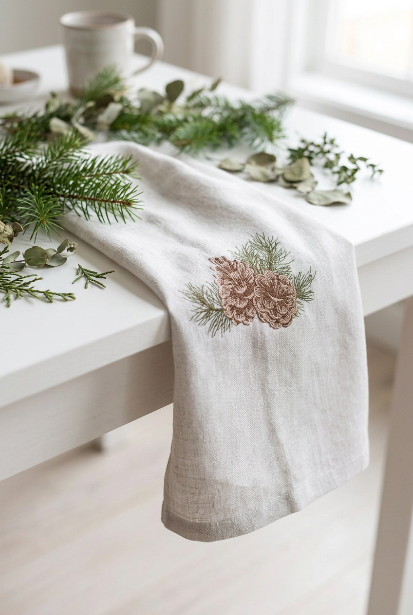 Pine Cone Linen Tea Towel in Dove Grey