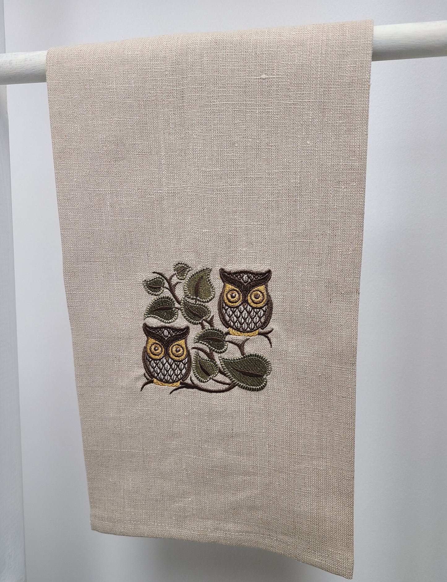 Retro Owl Linen Tea Towel Natural