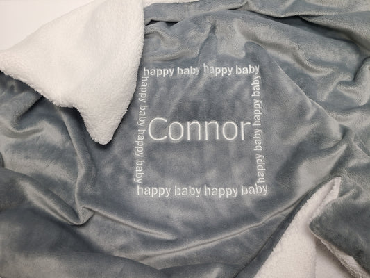 Personalized Happy Baby Blanket Silver Grey with Sherpa