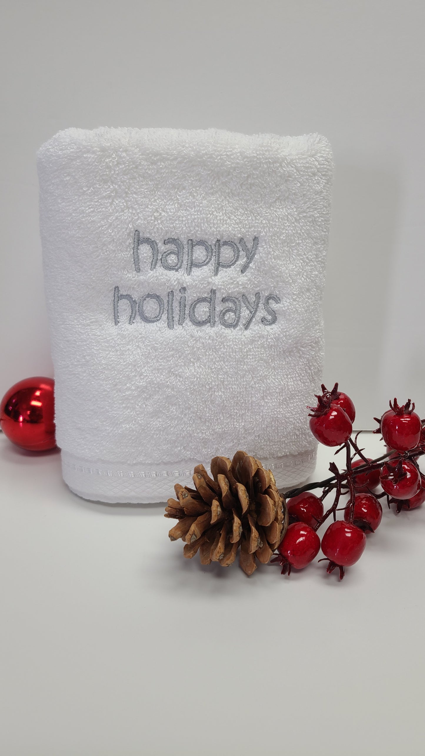 Happy holidays Hand Towel Silver Grey Embroidery
