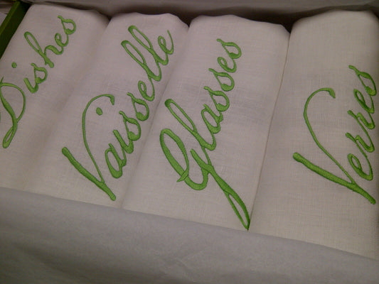 White Linen Tea Towel Set of 4  with Lime Green Embroidery