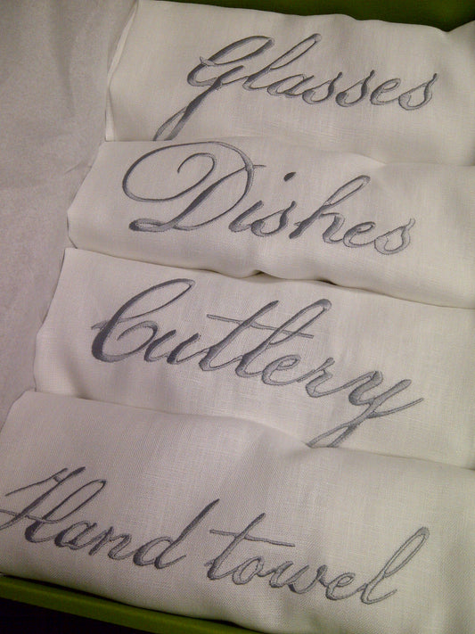 White Linen Tea Towel Set of 4  with Silver Grey Embroidery